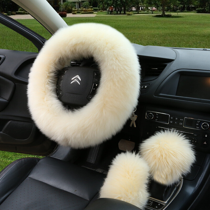 Faux fur car Steering Wheel Cover Winter Grip Cover Handbrake Cover Gear Cover Three-piece Cover