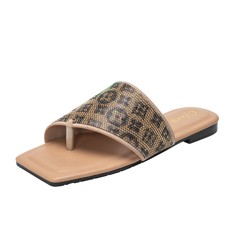 Square Toe Gradient Rainbow Color Flat Sandals Pure Color Casual Flip, Size: 37, Color: apricot