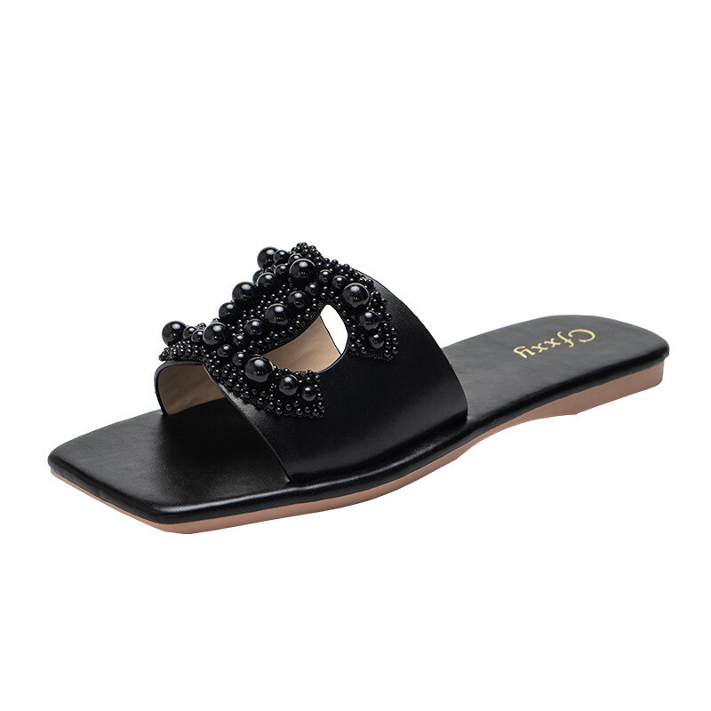 Women&#39;s Slippers One-Line Casual Flat-Bottomed Pure Color Pearl Sets, Size: 37, Color: black