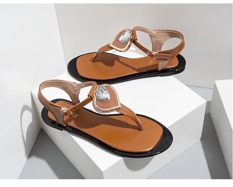 Heart-Shaped Rhinestone Flat-Heeled Sandals With Flat-Bottomed Women&#39;s