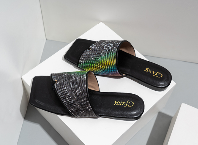 Square Toe Gradient Rainbow Color Flat Sandals Pure Color Casual Flip