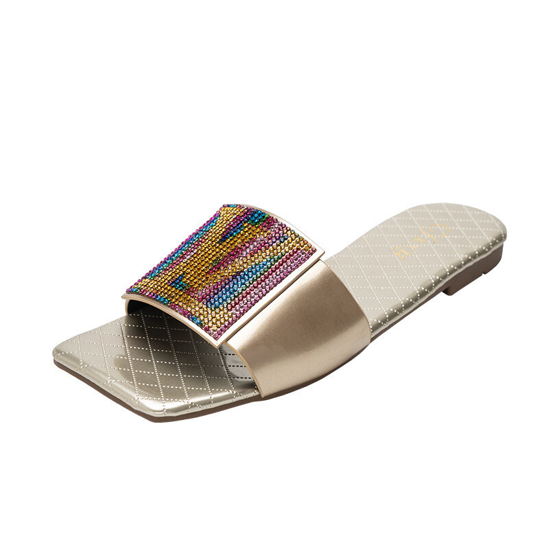 Square Colored Diamond Flat Foot Slippers For Women, Size: 37, Color: apricot