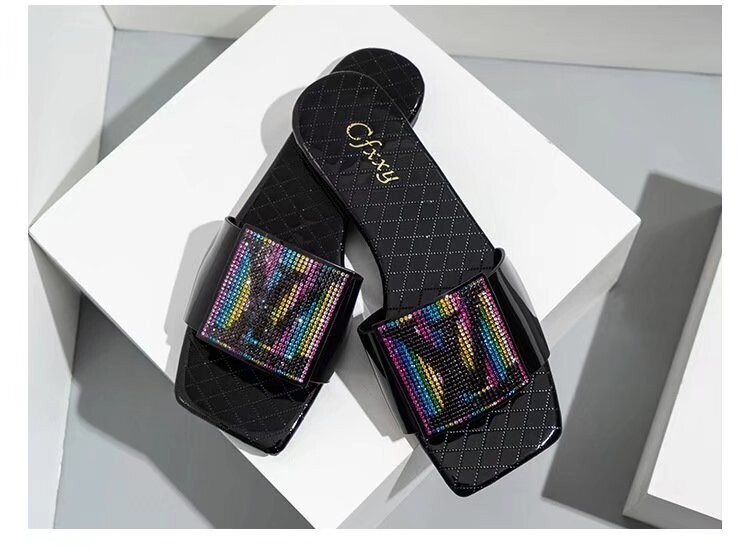 Square Colored Diamond Flat Foot Slippers For Women