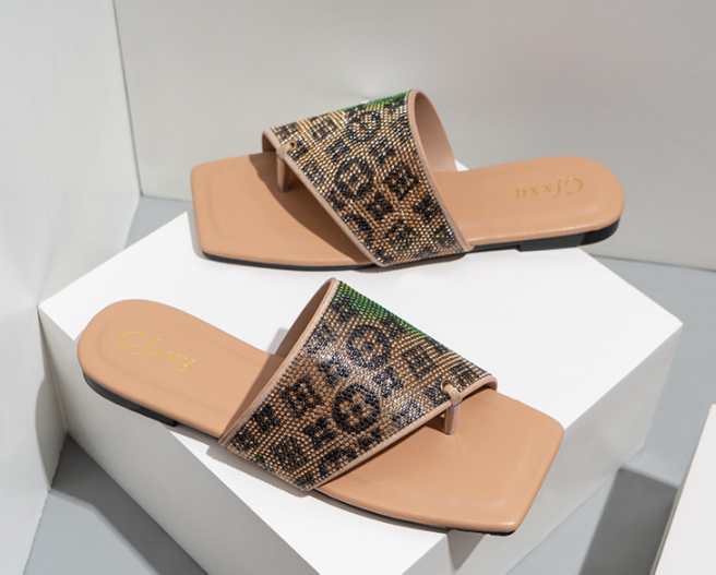 Square Toe Gradient Rainbow Color Flat Sandals Pure Color Casual Flip