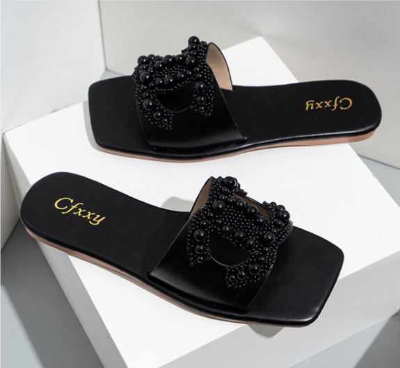 Women&#39;s Slippers One-Line Casual Flat-Bottomed Pure Color Pearl Sets