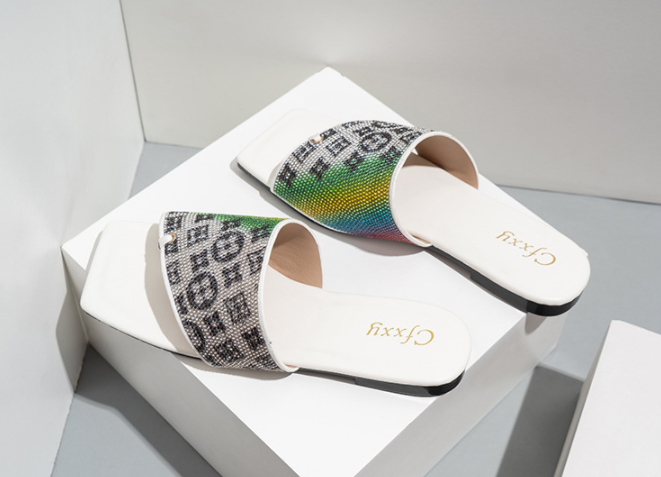 Square Toe Gradient Rainbow Color Flat Sandals Pure Color Casual Flip