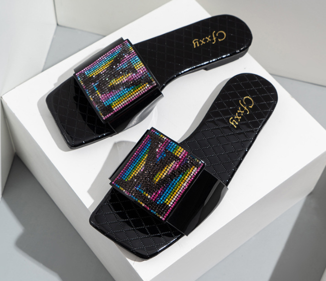 Square Colored Diamond Flat Foot Slippers For Women