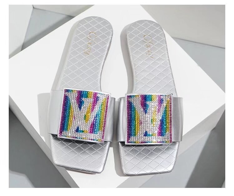 Square Colored Diamond Flat Foot Slippers For Women