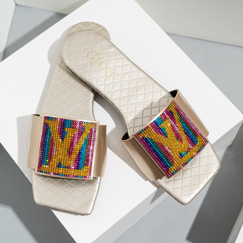 Square Colored Diamond Flat Foot Slippers For Women