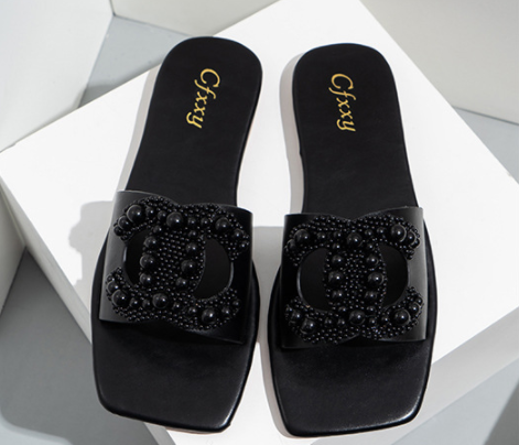 Women&#39;s Slippers One-Line Casual Flat-Bottomed Pure Color Pearl Sets