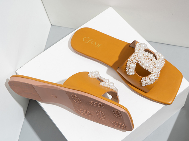 Women&#39;s Slippers One-Line Casual Flat-Bottomed Pure Color Pearl Sets