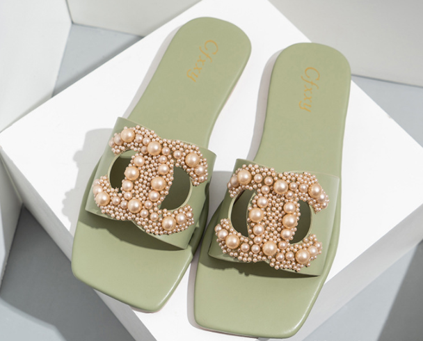 Women&#39;s Slippers One-Line Casual Flat-Bottomed Pure Color Pearl Sets