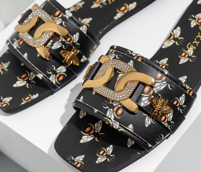 Women&#39;s Flat Slippers With Square Head Rhinestones Metal Buckle
