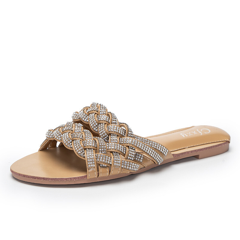 Women&#39;s Slippers One-Line Flash Diamond Woven  Casual Flat Shoes, Size: 37, Color: apricot