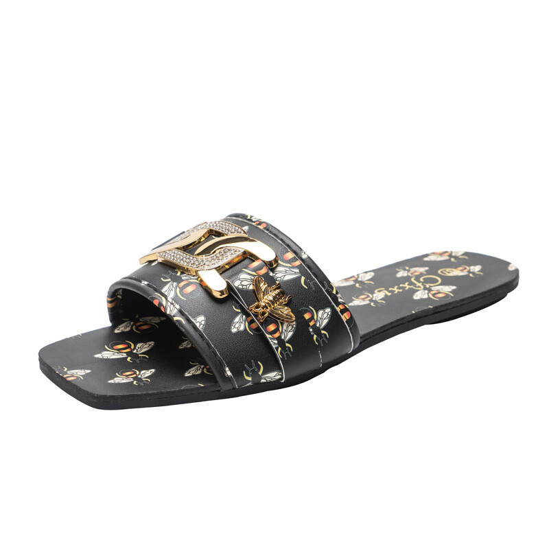 Women&#39;s Flat Slippers With Square Head Rhinestones Metal Buckle, Size: 37, Color: black
