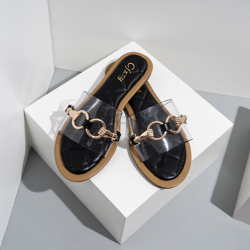 Women&#39;s Slippers Metal Chain One-Line Transparent Flat Shoes