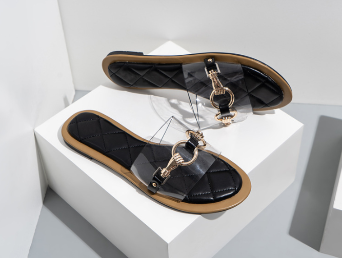 Women&#39;s Slippers Metal Chain One-Line Transparent Flat Shoes