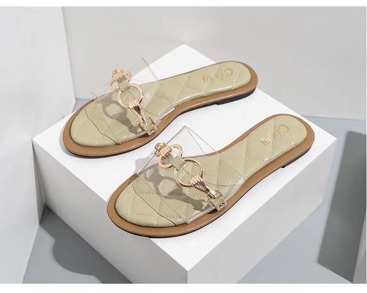 Women&#39;s Slippers Metal Chain One-Line Transparent Flat Shoes