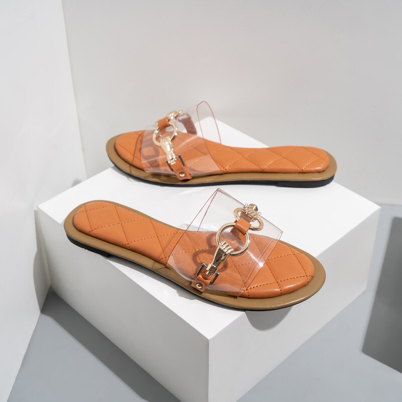 Women&#39;s Slippers Metal Chain One-Line Transparent Flat Shoes