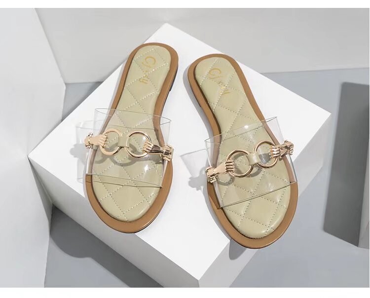 Women&#39;s Slippers Metal Chain One-Line Transparent Flat Shoes
