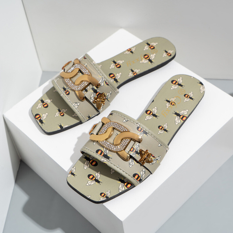 Women&#39;s Flat Slippers With Square Head Rhinestones Metal Buckle