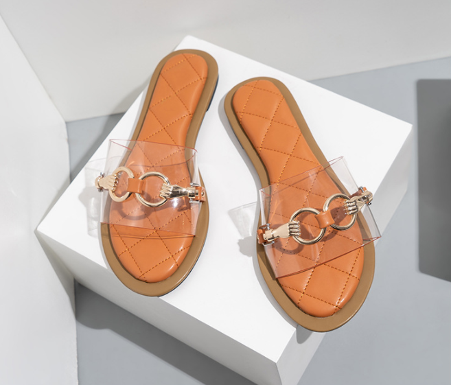 Women&#39;s Slippers Metal Chain One-Line Transparent Flat Shoes