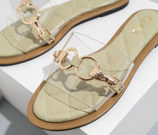 Women&#39;s Slippers Metal Chain One-Line Transparent Flat Shoes