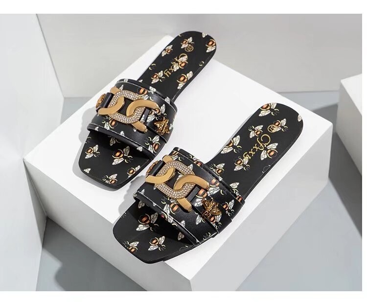 Women&#39;s Flat Slippers With Square Head Rhinestones Metal Buckle