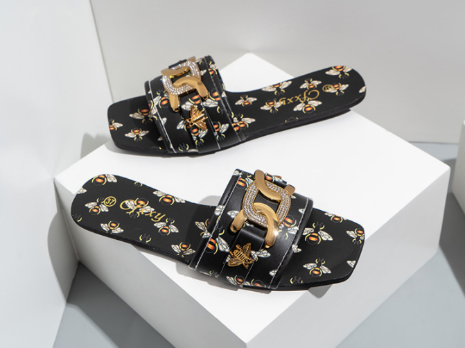 Women&#39;s Flat Slippers With Square Head Rhinestones Metal Buckle
