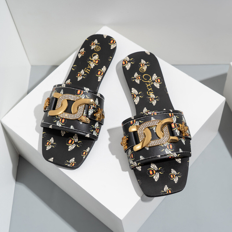 Women&#39;s Flat Slippers With Square Head Rhinestones Metal Buckle
