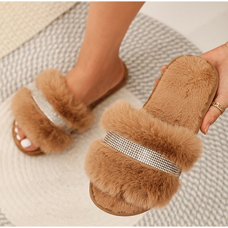 Women&#39;s Furry Slippers Non-Slip Rhinestone String Bead Solid Shoes