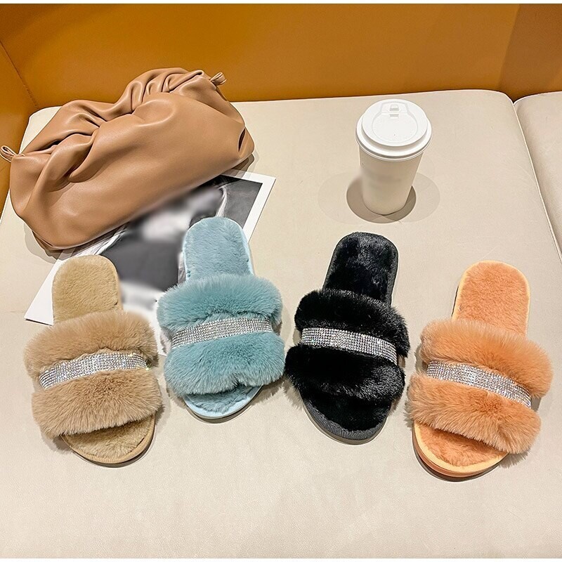 Women&#39;s Furry Slippers Non-Slip Rhinestone String Bead Solid Shoes
