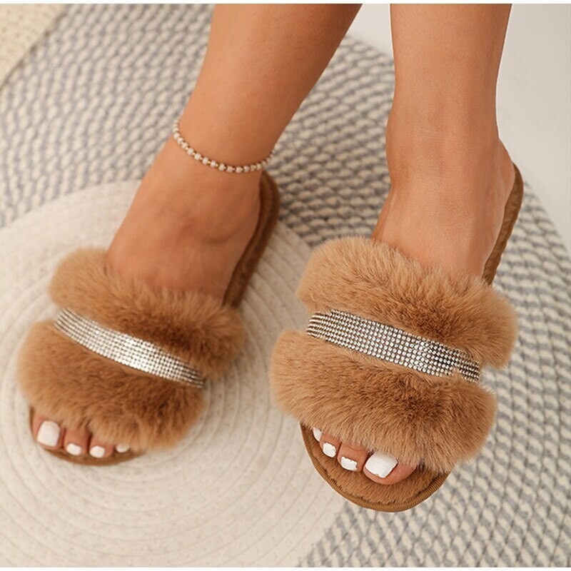 Women&#39;s Furry Slippers Non-Slip Rhinestone String Bead Solid Shoes