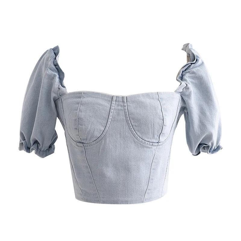 Square Neck Puff Sleeve Denim Blouse