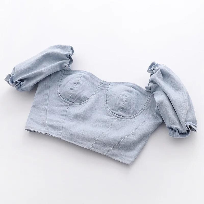 Square Neck Puff Sleeve Denim Blouse