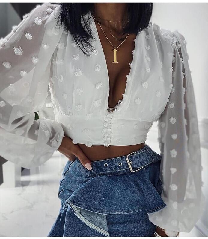 Elegant White Pom-pom Blouses Long Sleeve N Neck Button Up Shirts