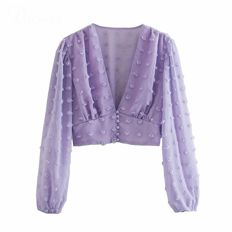 Elegant White Pom-pom Blouses Long Sleeve N Neck Button Up Shirts, size: L, color: Purple