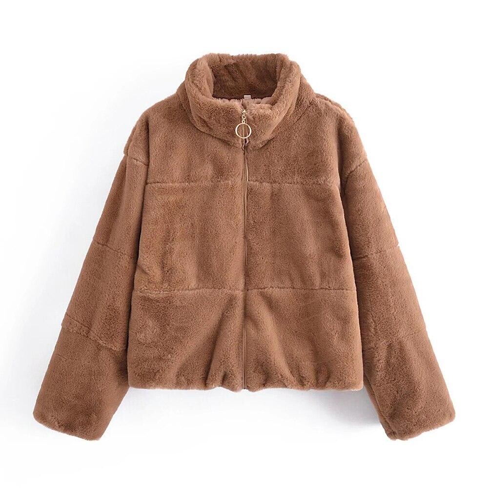 Faux Fur Coat Women Winter Jacket Zipper Cardigan, Size: L, Color: Brown