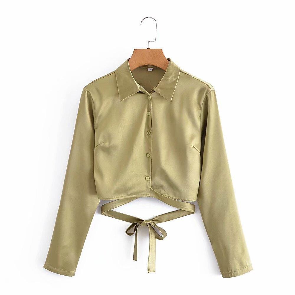 Sexy Bandage Cut Out Wrap Women Blouse, Size: L, Color: Green