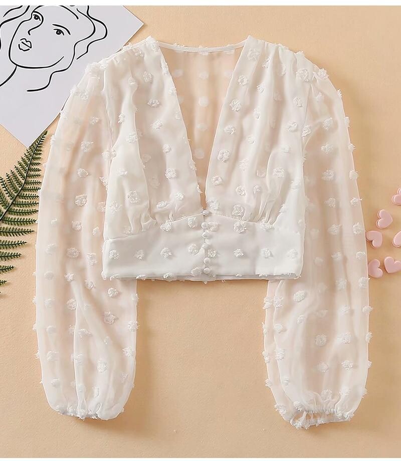 Elegant White Pom-pom Blouses Long Sleeve N Neck Button Up Shirts