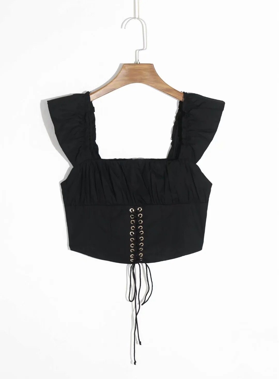 Women Square Neck Sleevless Ruffle Trim Tops, size: L, color: black