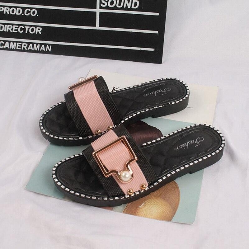 String Bead Pink Women&#39;s Sandals Summer Flat with Black Ladies Shoes