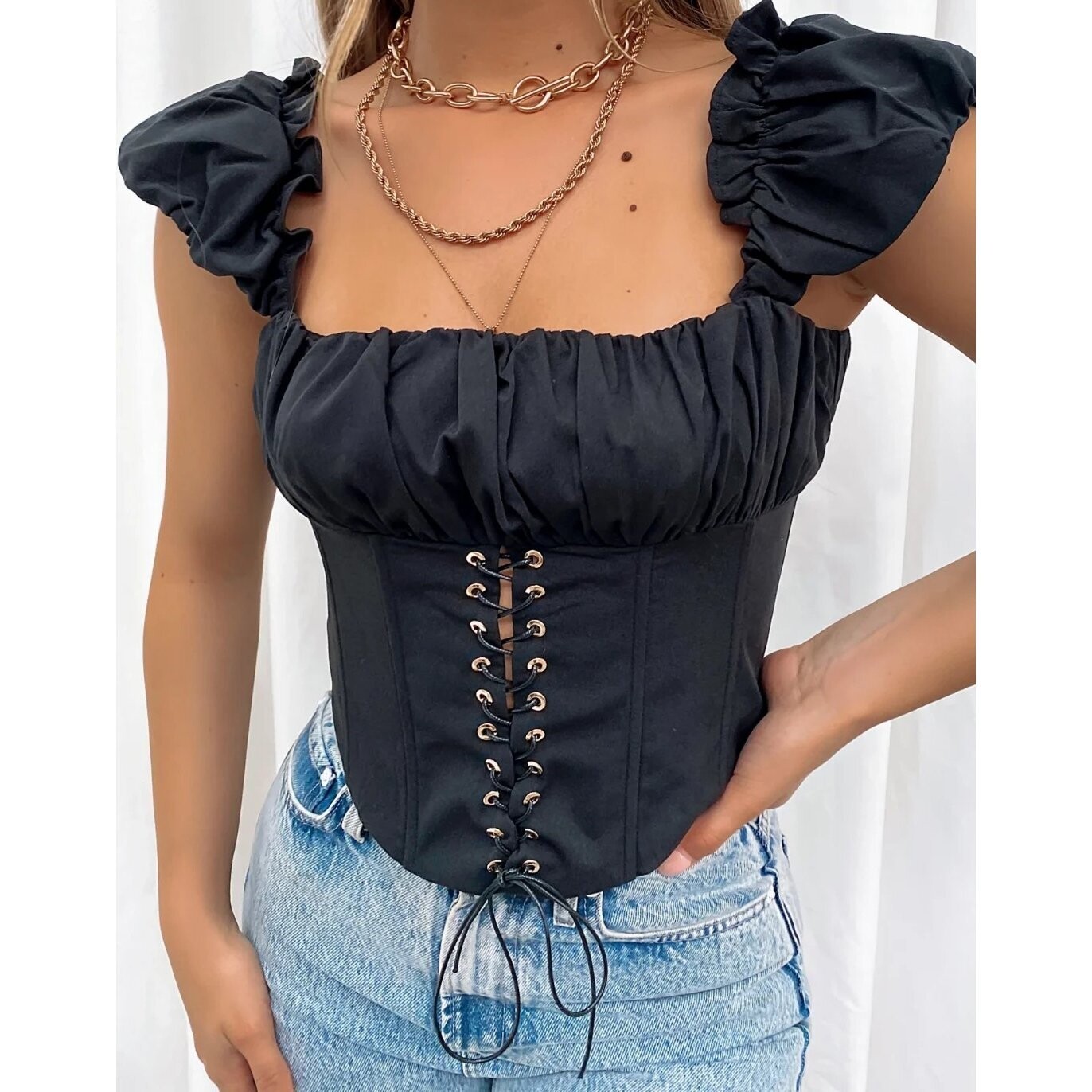 Women Square Neck Sleevless Ruffle Trim Tops