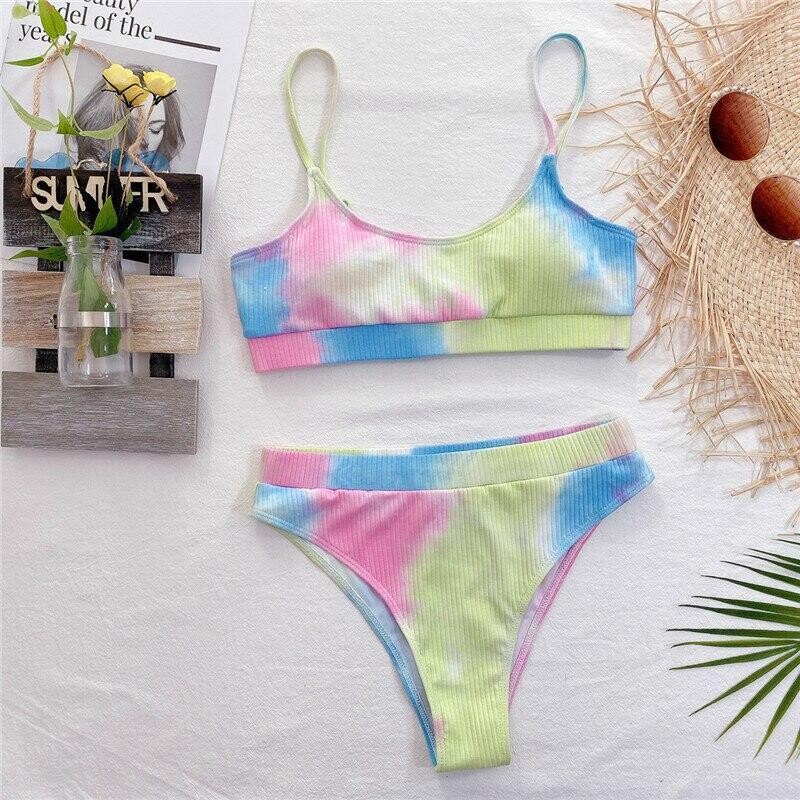 Tie dye bikini set Ribbed women Bandeau swimwear