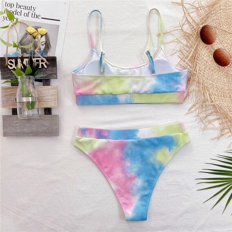 Tie dye bikini set Ribbed women Bandeau swimwear