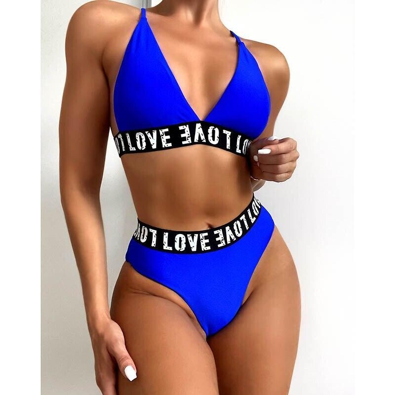 High Waist  Print Women Patchwork Swimsuit, size: L, color: Blue