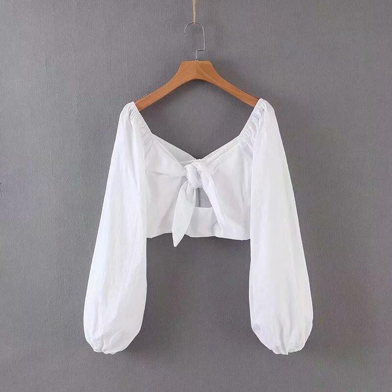 Hollow Puff Sleeve Bowknot Blouse Shirt, size: L, color: white