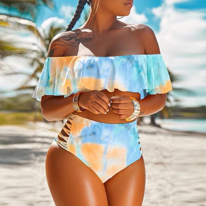 Off Shoulder Ruffle Rie-dye Printed Swimsuit