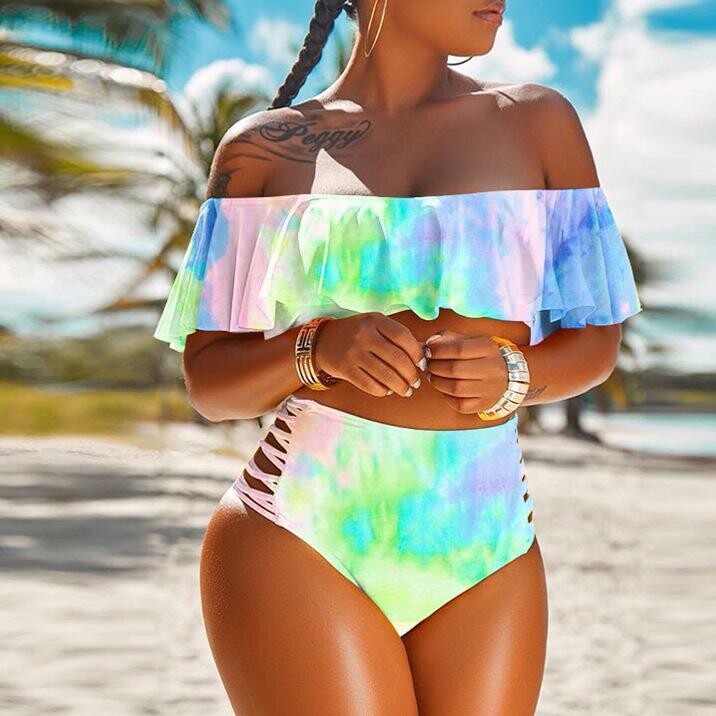 Off Shoulder Ruffle Rie-dye Printed Swimsuit, size: L, color: Blue