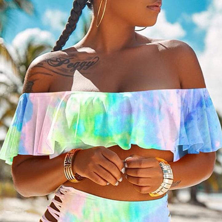 Off Shoulder Ruffle Rie-dye Printed Swimsuit